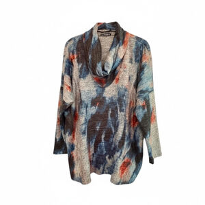 Women's David Cline Cowl Neck Soft Oversized Sweater S Blue Red Abstract